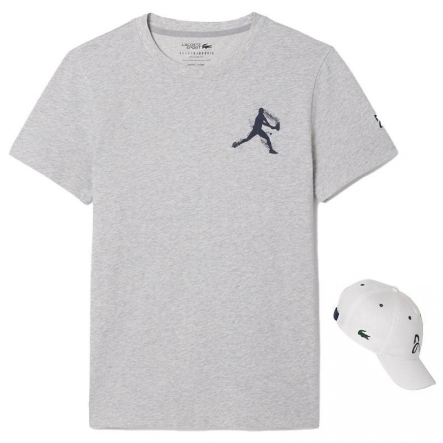 Pack Camiseta Lacoste Novak Djokovic Gris y Gorra Blanco  Oferta + Barato
